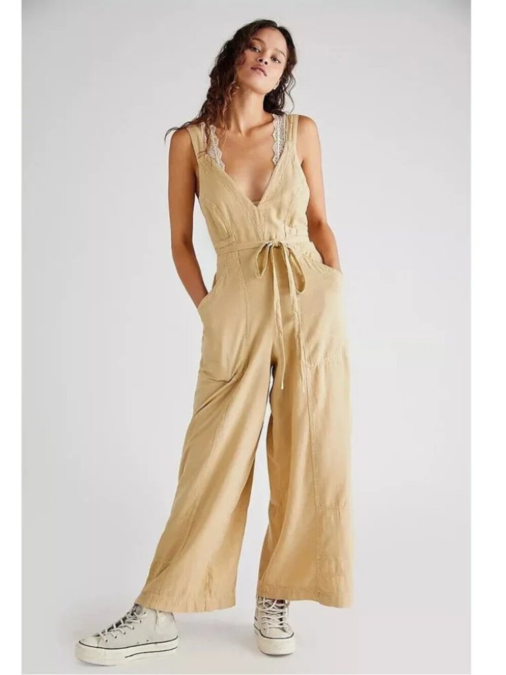 Free People Pretty Simple Utility Jumpsuit Tan Cotton Linen Blend Boho Size L